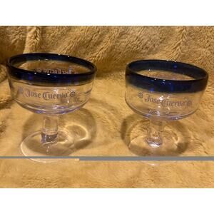 Jose Cuervo Cobalt Blue Rim Mexican Hand Blown Champagne Sherbet Glasses Set “2”